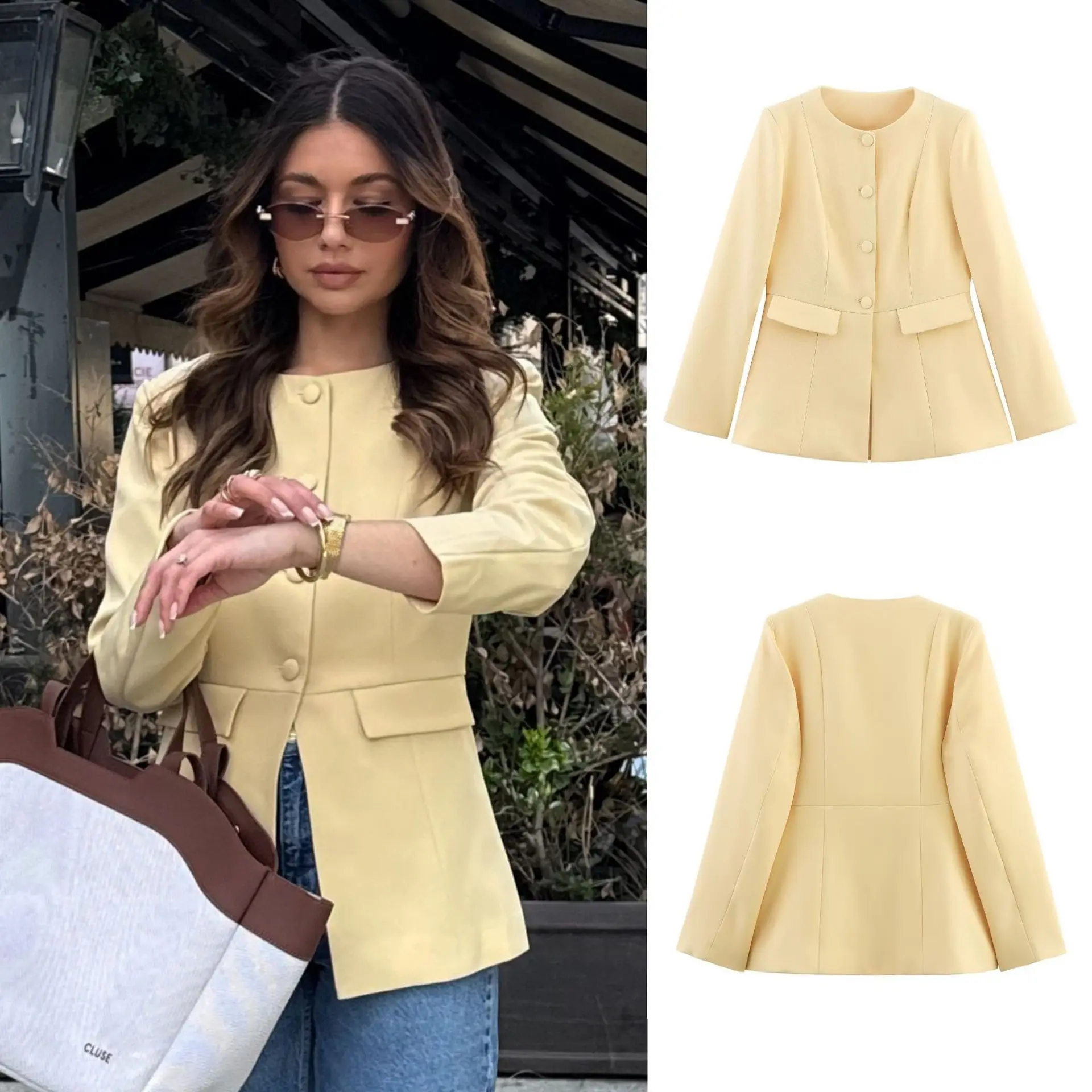 

Yellow Slim Fit Women's Autumn Suit Coat Round Neck Single Breasted Cinched Waist Jacket For Lady Elegant Commute Female Outwear