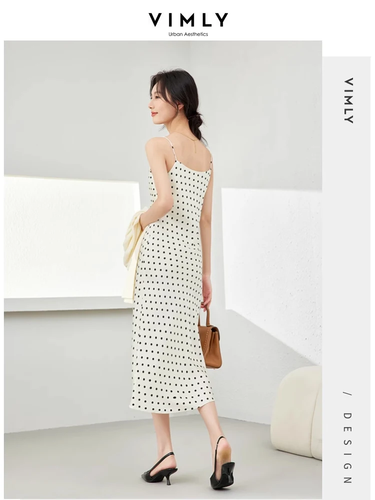 Vimly French Style Dot Spaghetti Strap Dress for Women 2024 Spring Summer Elegant V-neck Sundress s A-line Midi Dresses M5687