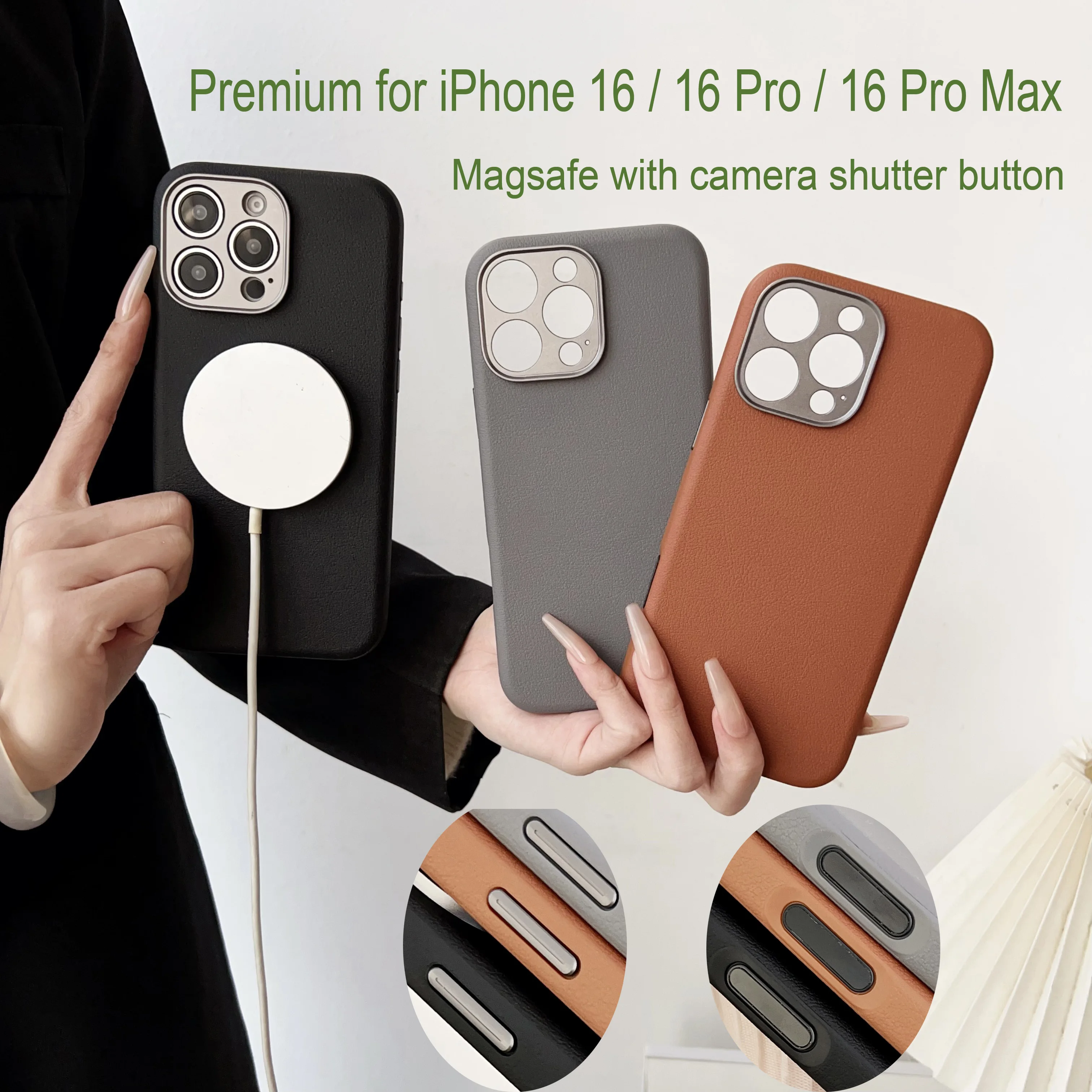 

Premium Camera Shutter Button Magnetic Case For iPhone 16 Pro Max Sustainable Vegan Leather Cover For Magsafe Wireless Charger