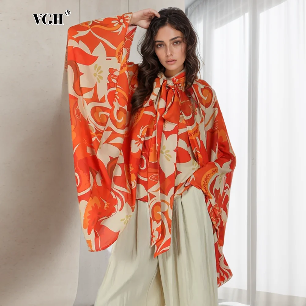 

VGH Print Vintage Casual Shirts For Women Stand Collat Long Sleeve Spliced Lace Up Hit Color Oversize Spring Blouse Female