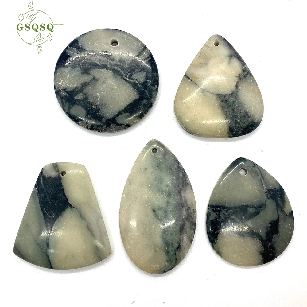 

Natural Stone Charm Pendant Necklace Black White Striped Agate Quartz Water Drop Elliptical Spiritual Meditation Jewelry 5 Pcs