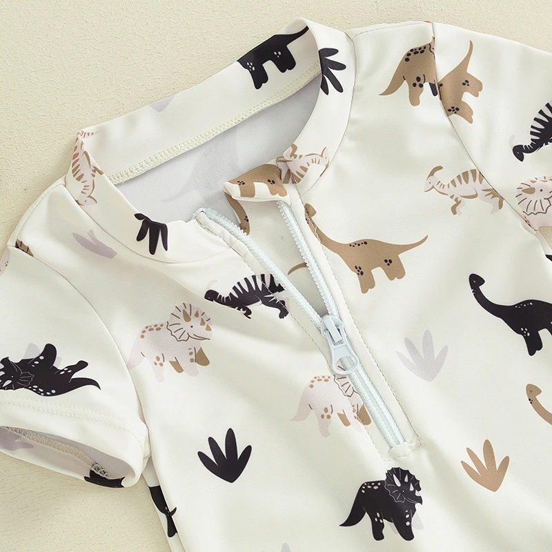 소년 여름 캐주얼 나무 공룡 프린트 수영복, 지퍼 반팔 점프수트, 비치웨어, 유아 목욕 세트