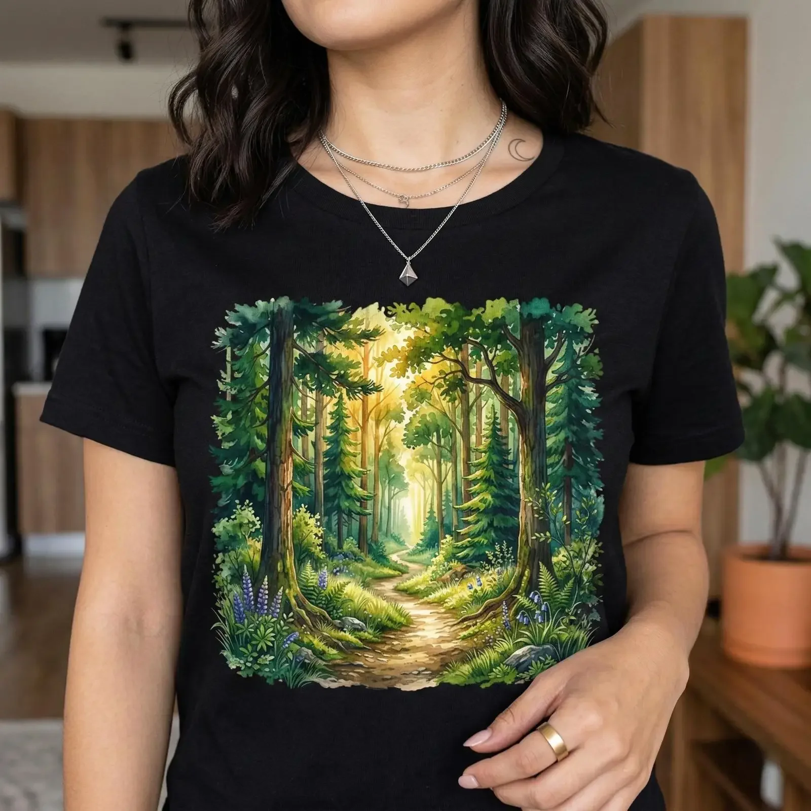 Sunlit Forest Path T Shirt Nature Lover Hiking Camping Tree Hugger Outdoorsy Woods Floral Art for Hikers Campers vintage