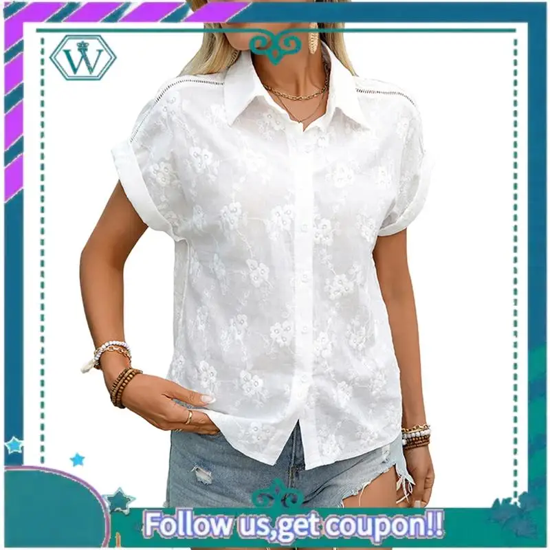 

A09P Women's Formal Casual Cardigan Tops Lapel Cotton Embroidery Cap Sleeve Shirt