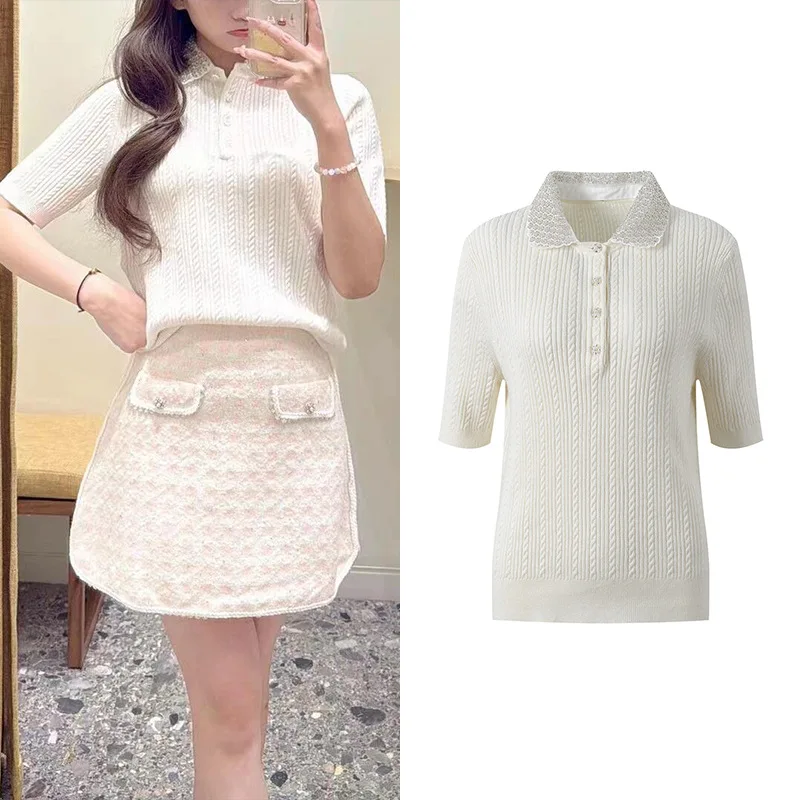 

High-End Version European Sle M-Home Women's Heavy Embellied ort Sve Turn-down Collar Light Colored Faion Knitwear...