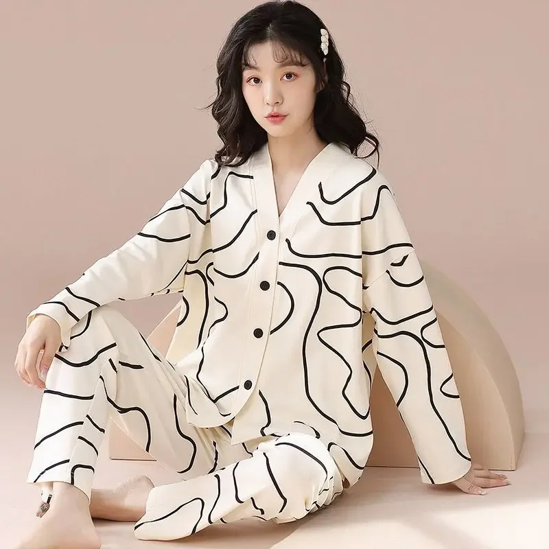 Pyjamas Women 100% cotton 2025 New Pajamas Women's Spring and Autumn Long-sleeved Sweet Fashion Cardigan V-neck Loungewear Set
