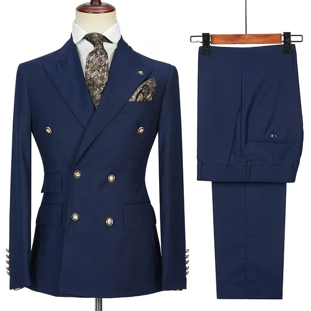 Navy Blue Men Suits Slim 2 Piece Fashion Peak Lapel Double Breasted Male Suit Business Casual Wedding Tuxedo Blazer with Pants