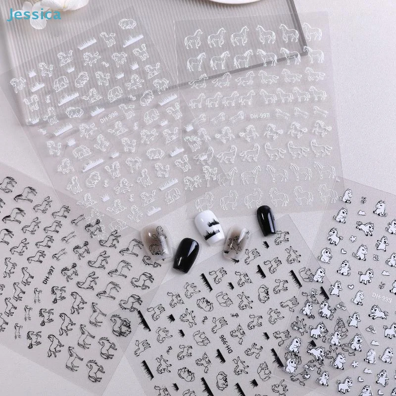 ♥Horse Pattern Nail Art Stickers – Black & White Self-Adhesive Manicure Decals, Multiple Poses for Stylish Nail Designs
