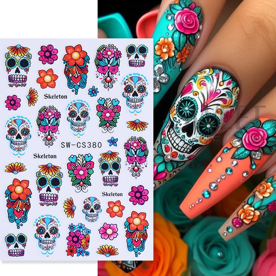 2 Stück Totenkopf-Nagelaufkleber Bunte Totenkopf-Blumen-Nagelsticker Selbstklebende Gothic-Skelett-Blumen Halloween-Maniküre-Dekoration – Detail 3