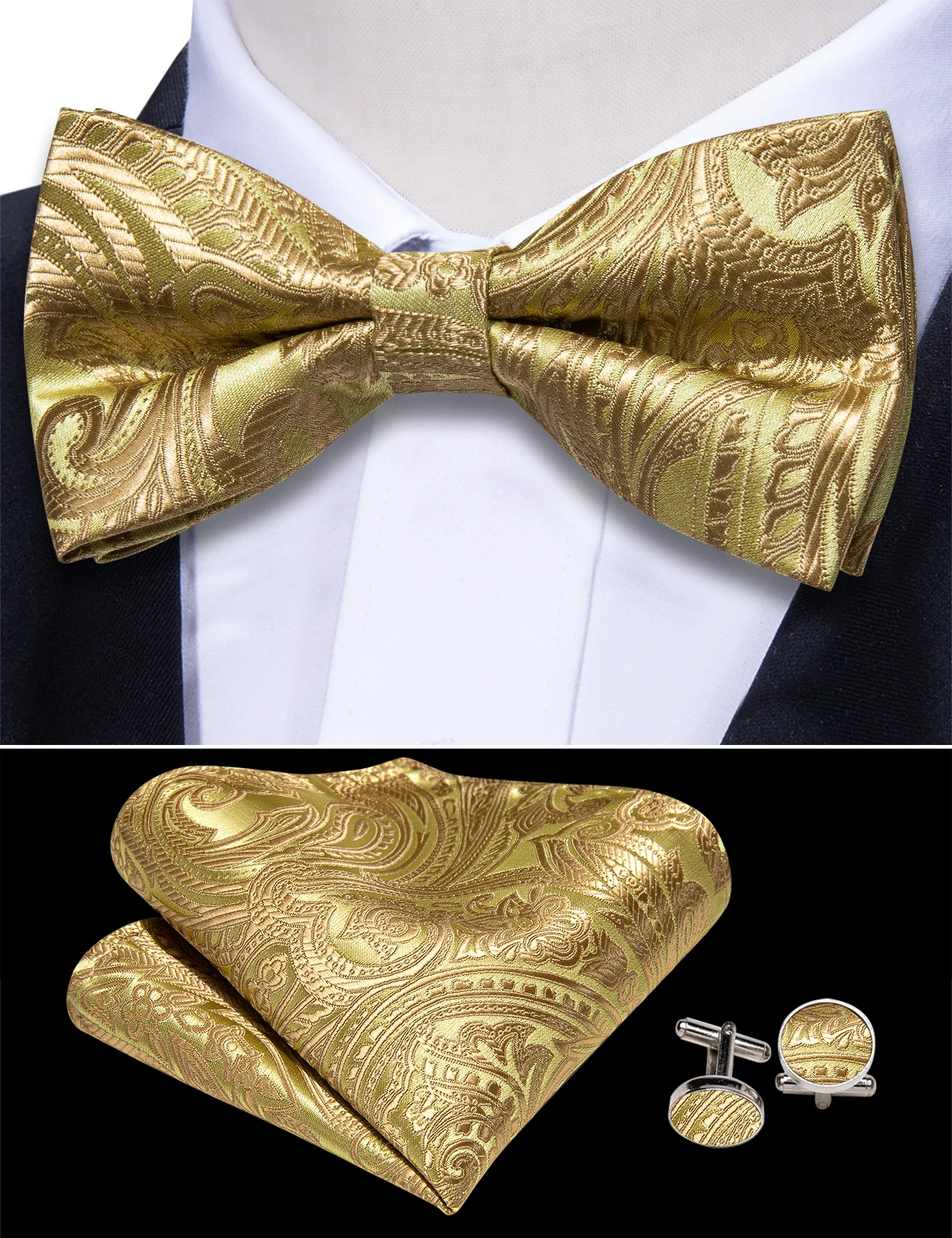 Ensemble de boutons de manchette de luxe pour hommes, Cummerbund doré, noeud papillon Paisley, mouchoir, cadeau de mariage, fête formelle, haute qualité, InjPaisley, Erra. Wang