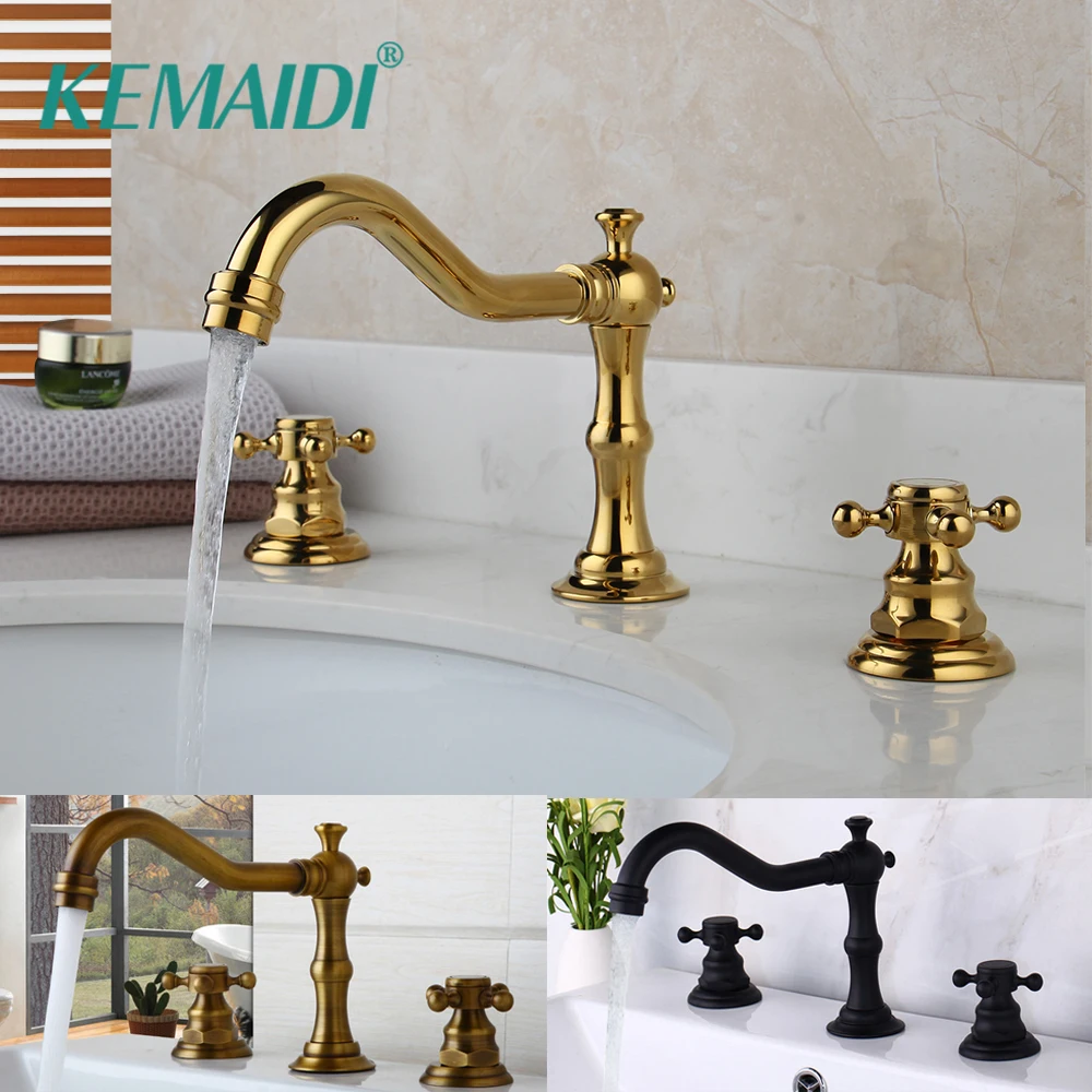 KEMAIDI Basin Faucet Brass Gold Bathroom Faucet Antique Sink Faucet 3 Hole Double Handle Hot & Cold Wash Faucets Bathtub Tap