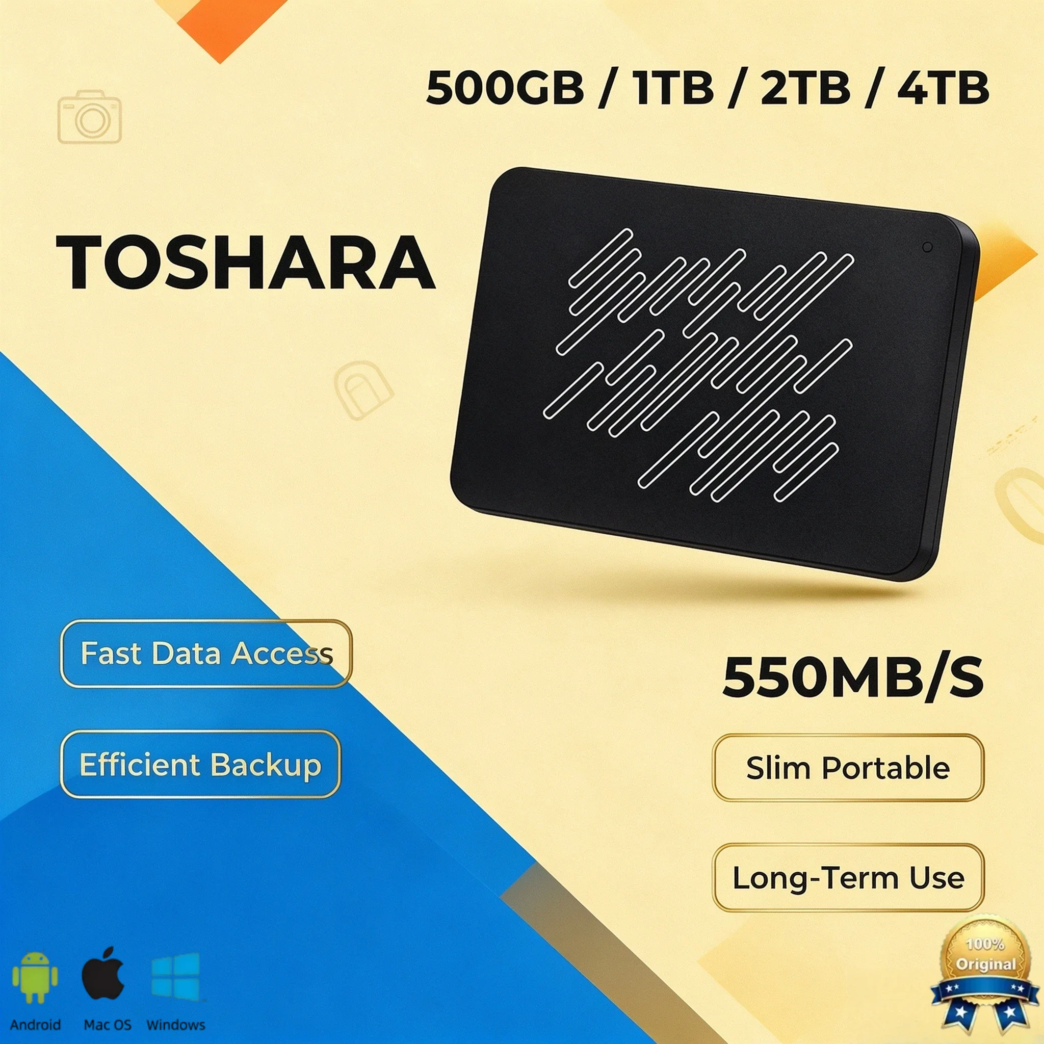 TOSHARA A3 Portable External Hard Drive for PC Laptop Mac 550MB/s 4TB 2TB 1TB 500GB Lightning Performance Rapid Load Response