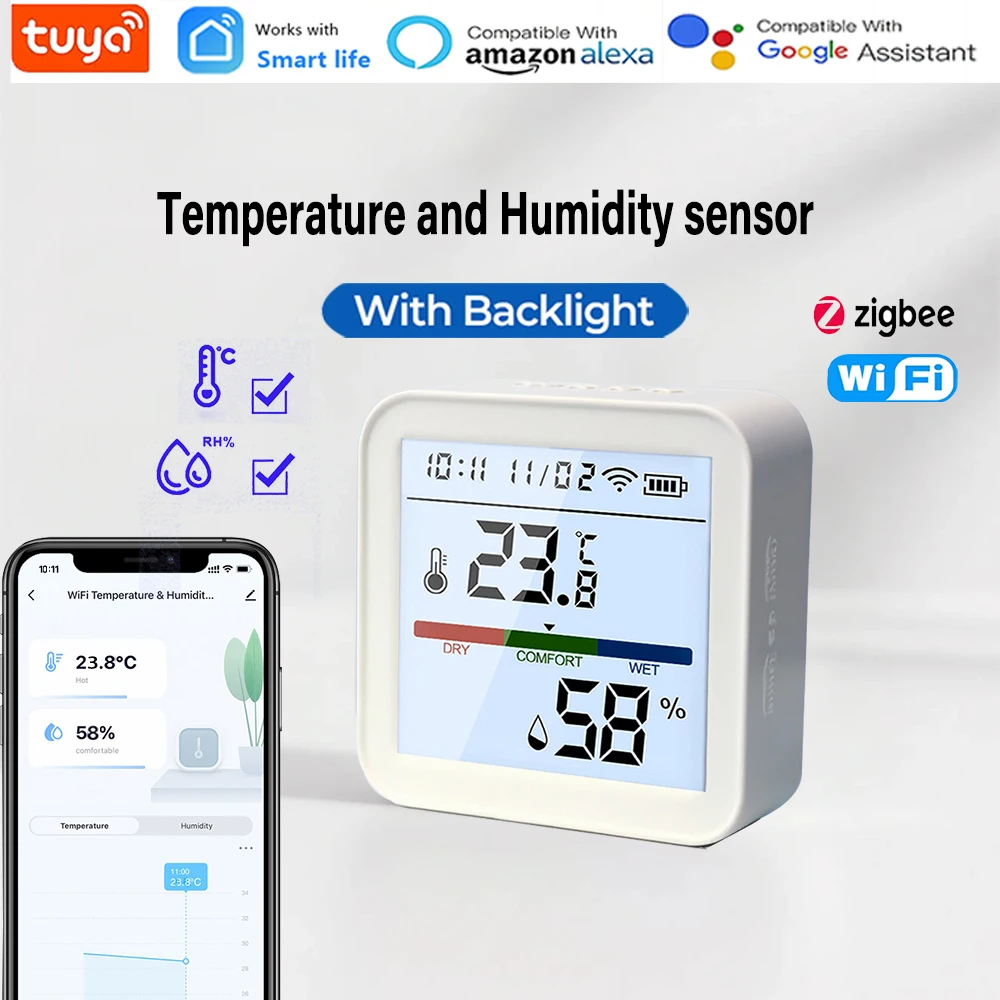 

Датчик температуры и влажности Wi-Fi Zigbee Tuya. Умный измеритель температуры и влажности с подсветкой жизни, поддерживает Alexa Google Home.