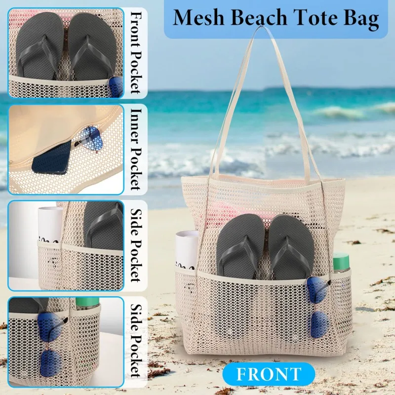 Bolsa de playa de malla de gran capacidad para hombres y mujeres, bolso de mano de un hombro, bolsa de almacenamiento de ropa de natación, lavado portátil, salir, Verano