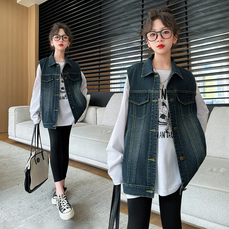 

Детский модный джинсовый жилет в стиле пастушки для девочек, винтажная темно-синяя джинсовая куртка без рукавов, жилет для подростков, новая весенняя одежда, наряд