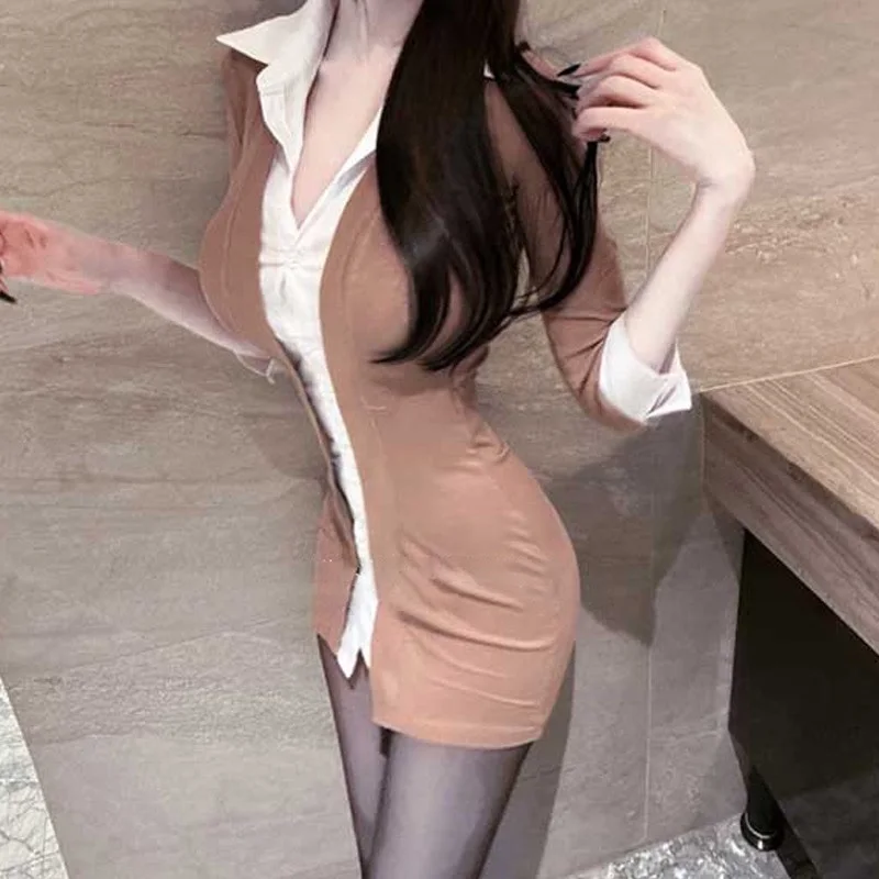 동대문 신상 여성 섹시 폴로 드레스 하이웨이스트 숏 스커트 플립 칼라 바디콘 페이크 투피스 드레스 한국 버전