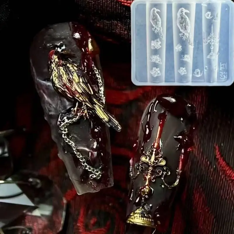 Molde transparente DIY, herramientas de diseño de manicura, candelabro de rosa de cuervo Retro, molde de silicona para uñas, decoración artística de uñas 3D con flores