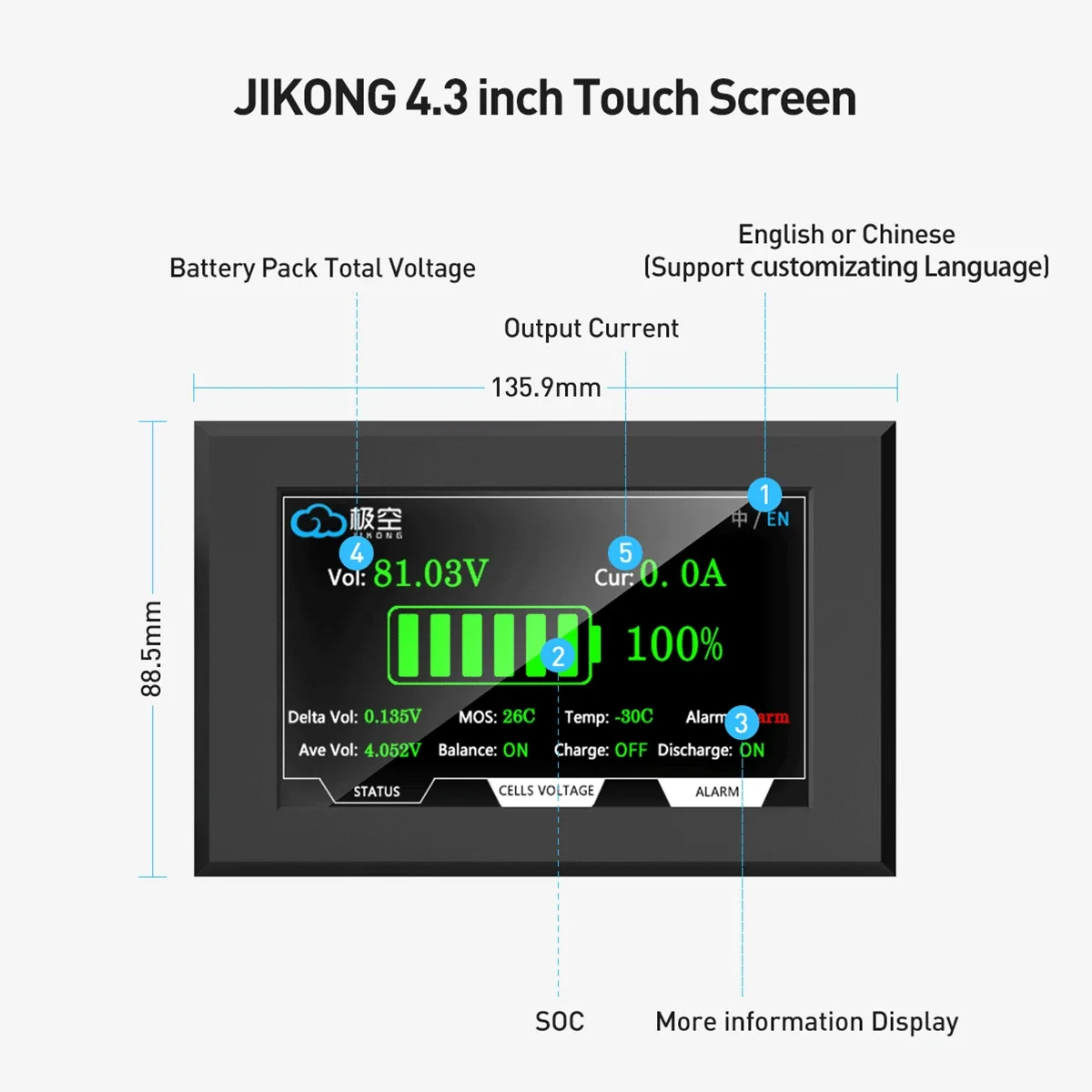 JIKONG 3.2 بوصة عرض LCD بطارية ليثيوم الذكية Bms اكسسوارات ذكي مؤشر مستوى البطارية رصد لمحول JKBMS #4