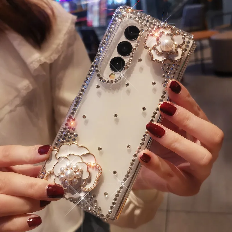 Cover per telefono camelia con perle di diamanti di lusso per Samsung Galaxy Z Fold6 Z Fold 5 custodia rigida per PC con strass Bling per Z Fold 4 3