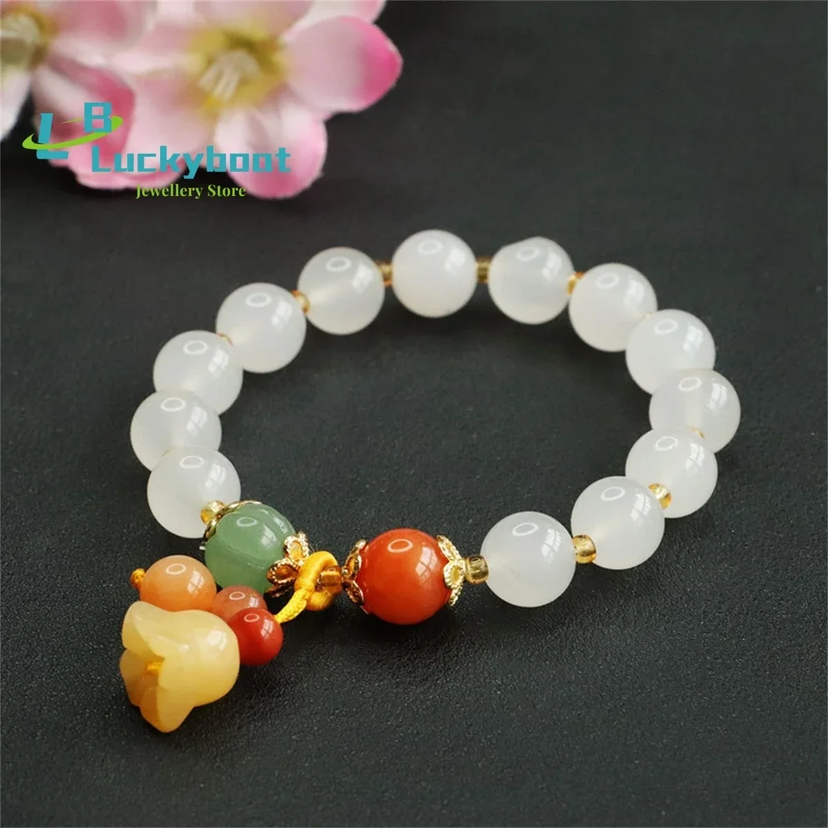 Golden Silk Jade Natural White Jade Hand String  Full Sky Star PeachBlossom Tassel Bracelet Jewelry Charm  Fashion Women  Gift