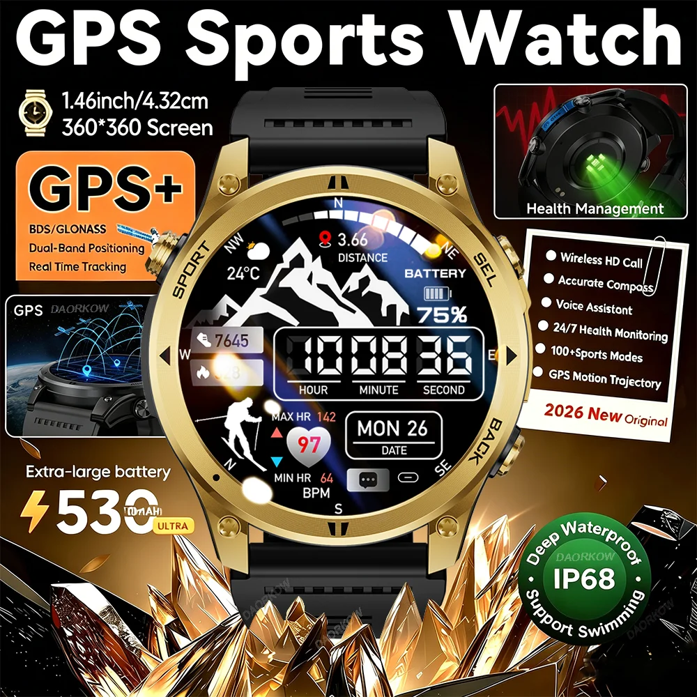 Gold Smartwatch with AMOLED Screen and Flashlight, Gift for Men