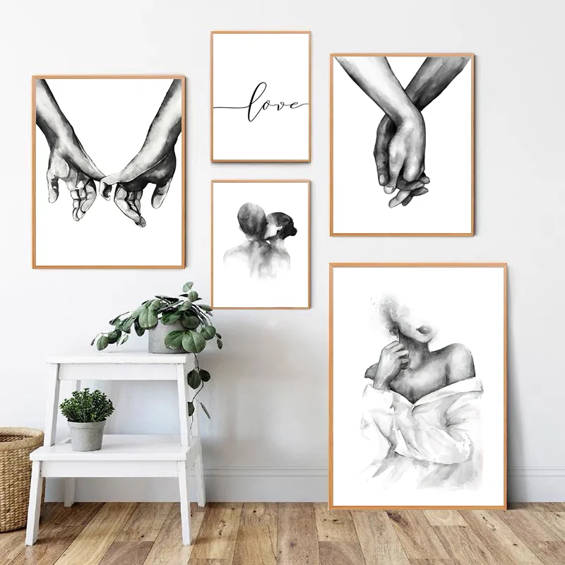 Canvas Painting Nordic Minimalist Black White Sexy Woman Shoulder Romantic Kiss Quotes Lovers Hand Posters and Prints Room Decor