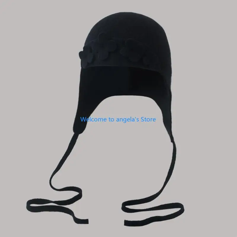 

X4YC Шерстяная шапка ручной работы с цветком, закрывающая уши, Элегантная шерстяная шапка, шапка для холодной погоды