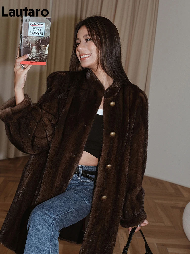 

Lautaro Winter Brown Thick Warm Soft Faux Mink Fur Coat Women Long Sleeve Stand Collar Elegant Luxury Chic Fluffy Jacket 2023