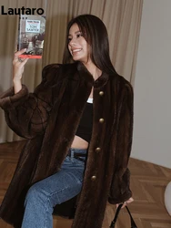 Lautaro Winter Brown Thick Warm Soft Faux Mink Fur Coat Women Long Sleeve Stand Collar Elegant Luxury Chic Fluffy Jacket 2023