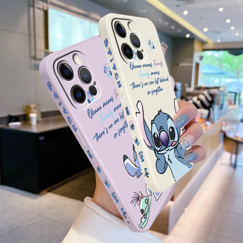 Anime Cartoon Lilo & Stitch Liquid Left Rope per Apple iPhone 15 14 13 12 11 XS XR X 8 7 SE Pro Max Plus Mini custodia morbida per telefono