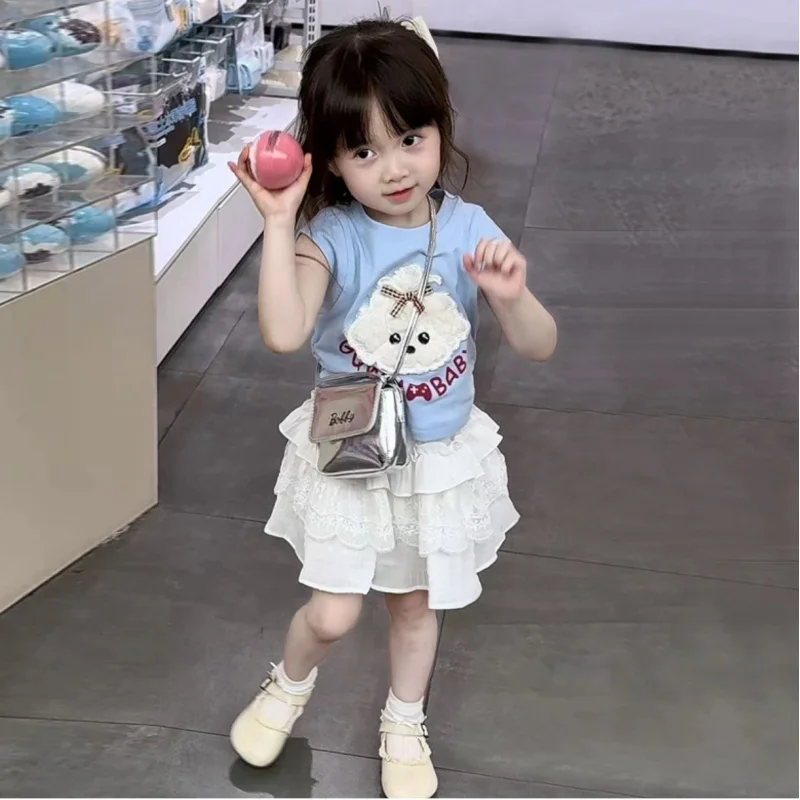 

2025New Style Girls' Summer Sweet Outfit Fashionable and Chic Cake Dress Short Sleeve Set Lightweight and Breathable