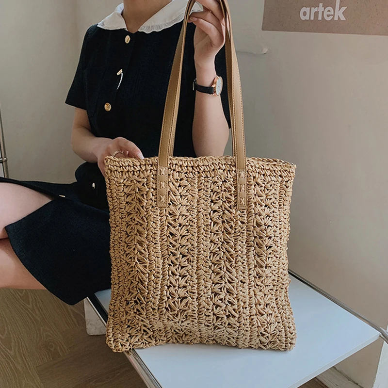 Square Hollow Straw Beach Bag Handmade Woven Shoulder Bag Raffia Rattan Shopping Travel Bag Bohemian Summer Vacation Casual Tote