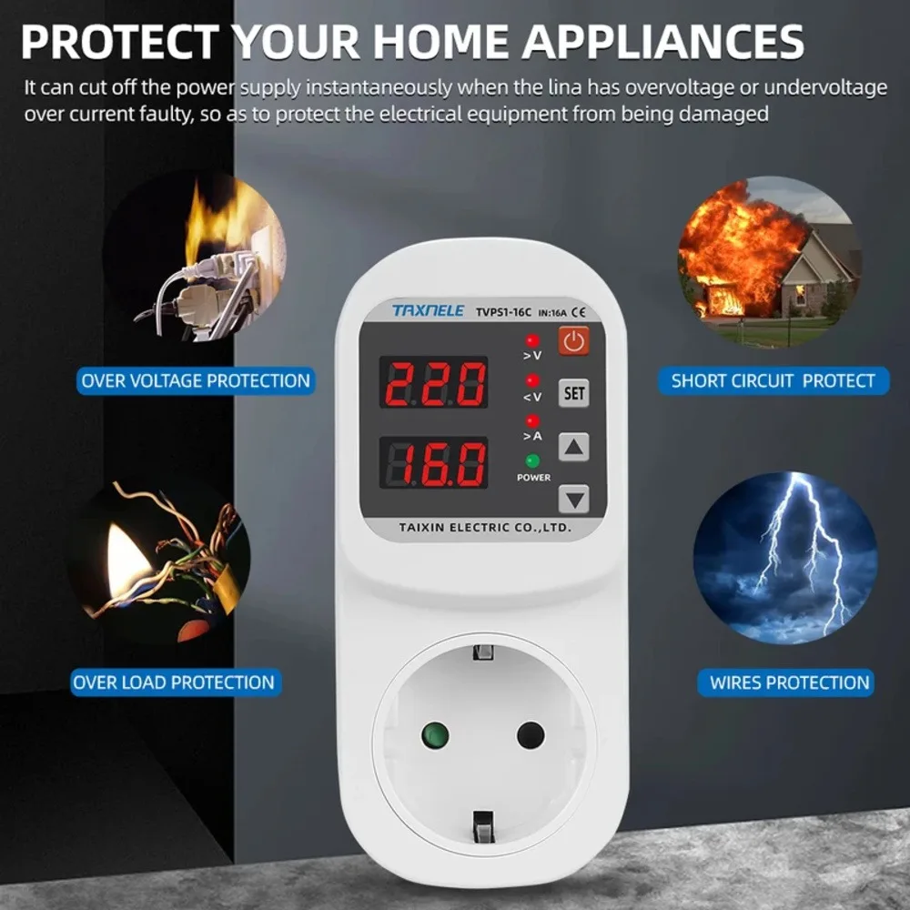 

AC90-300V Adjustable 16A Surge Protector Over/Voltage Current Under Voltage Protector Socket EU/Universal Plug Socket Protector