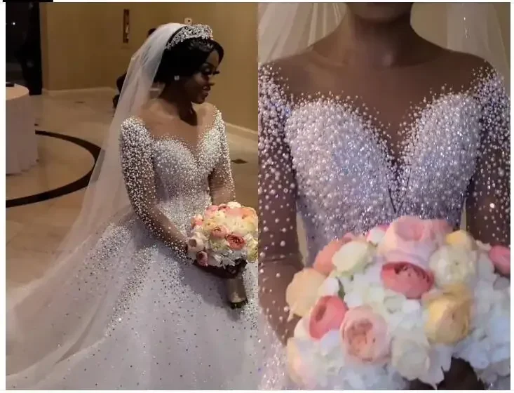 

Customized Pearls Beaded A-Line Scoop Neckline Wedding Dresses Sweep Train Sexy African Long Sleeves Plus Size Bridal Gowns