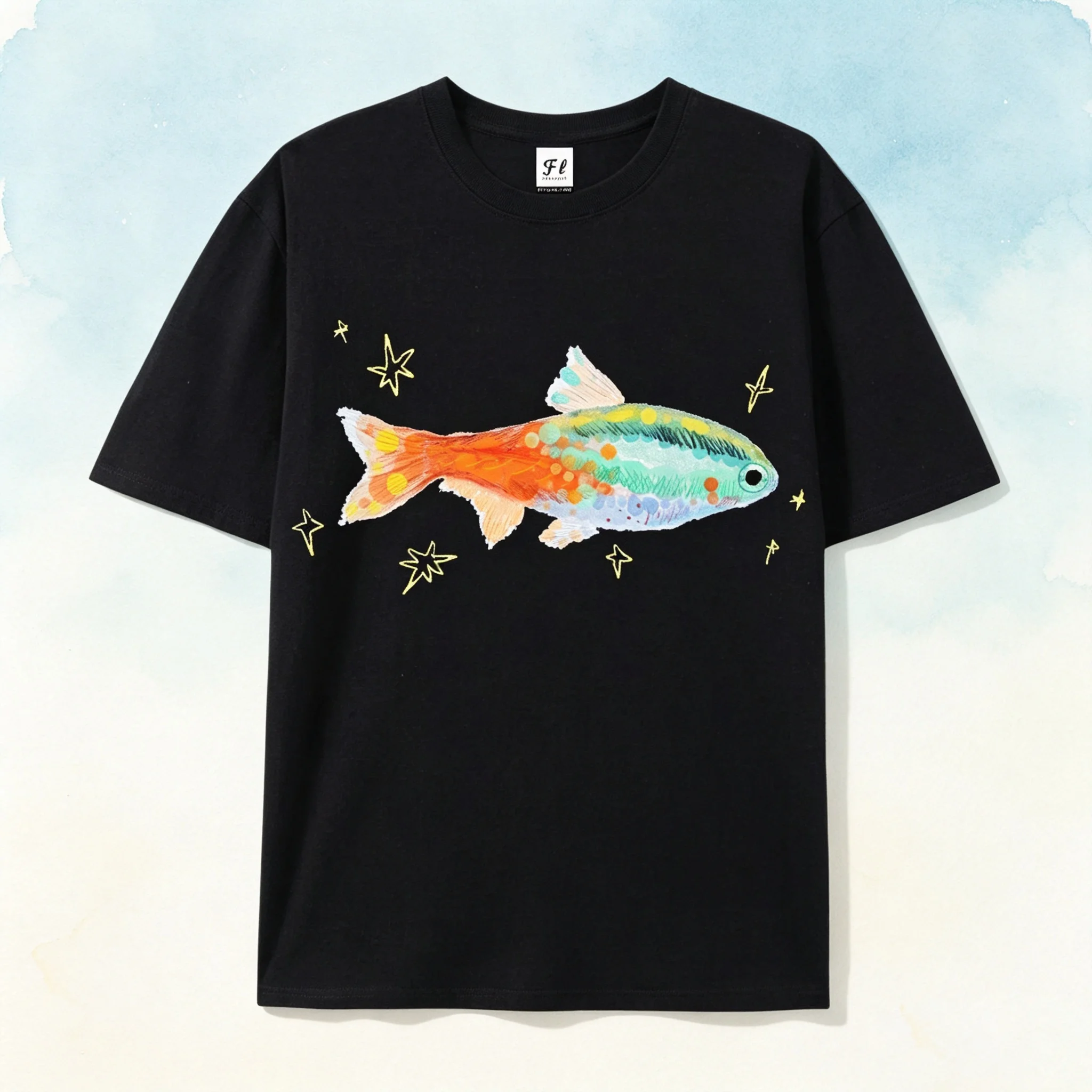 Watercolor Colorful Fish Star Print T‑Shirt, Art Hand‑Drawn Loose Crew Neck Casual Short‑Sleeve Top