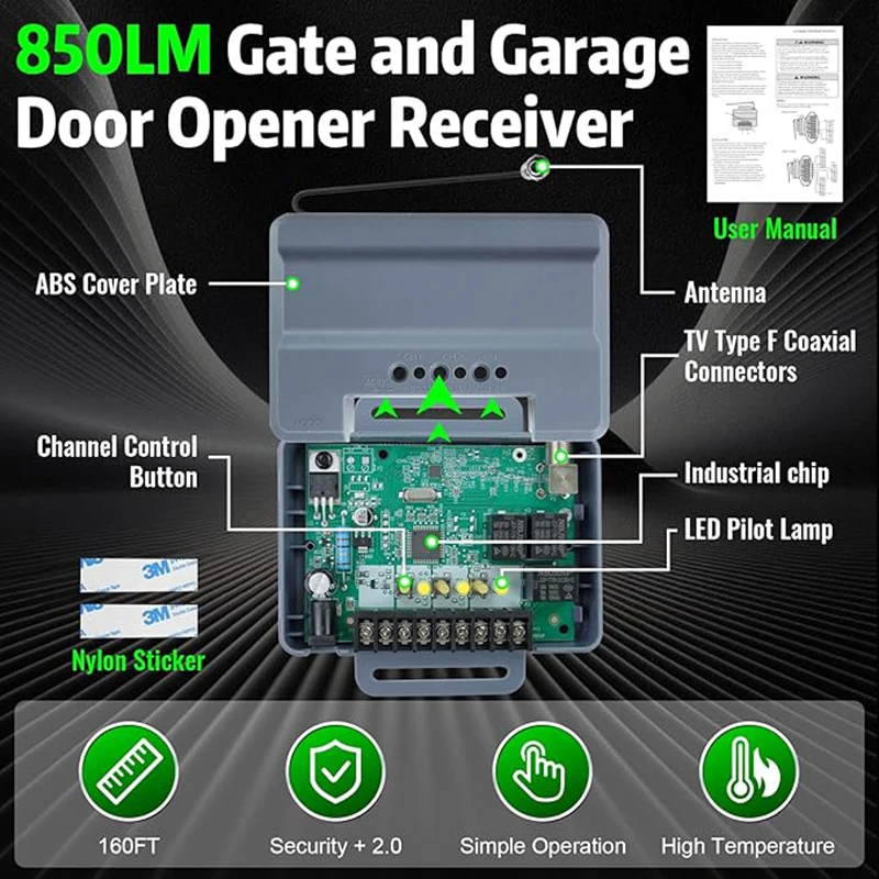 For Liftmaster 850LM Universal Security +2.0 Gate and Garage Door Opener Receiver Compatible with 811lm,813lm and all MAX remote