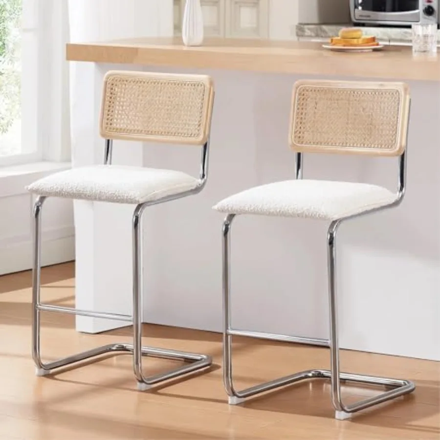 

Набор из 2 барных стульев из натурального ротанга, 26 дюймов, в стиле середины века, с спинкой из массива дерева и обивкой из ротанговой сетки