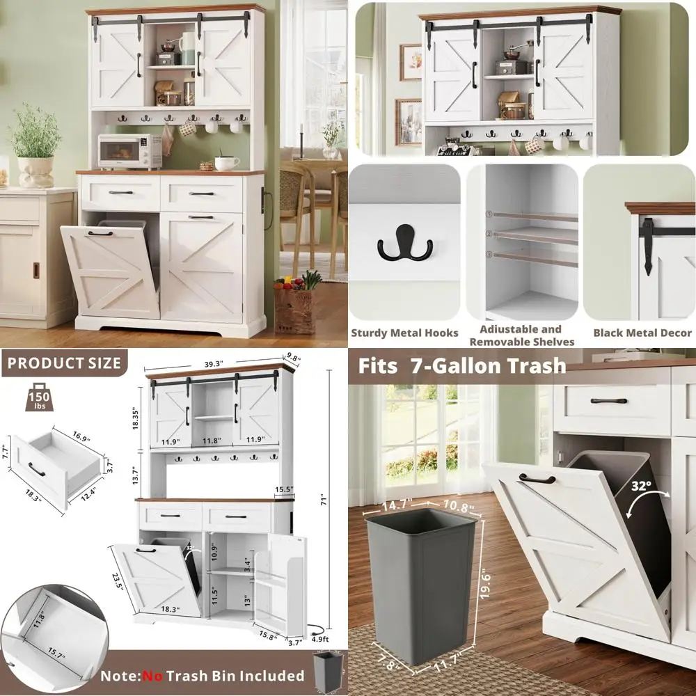 

Freestanding Kitchen Hutch with Microwave Stand, Tilt-Out Trash Bin, and Charging Station for Farmhouse Pantry Cabinet