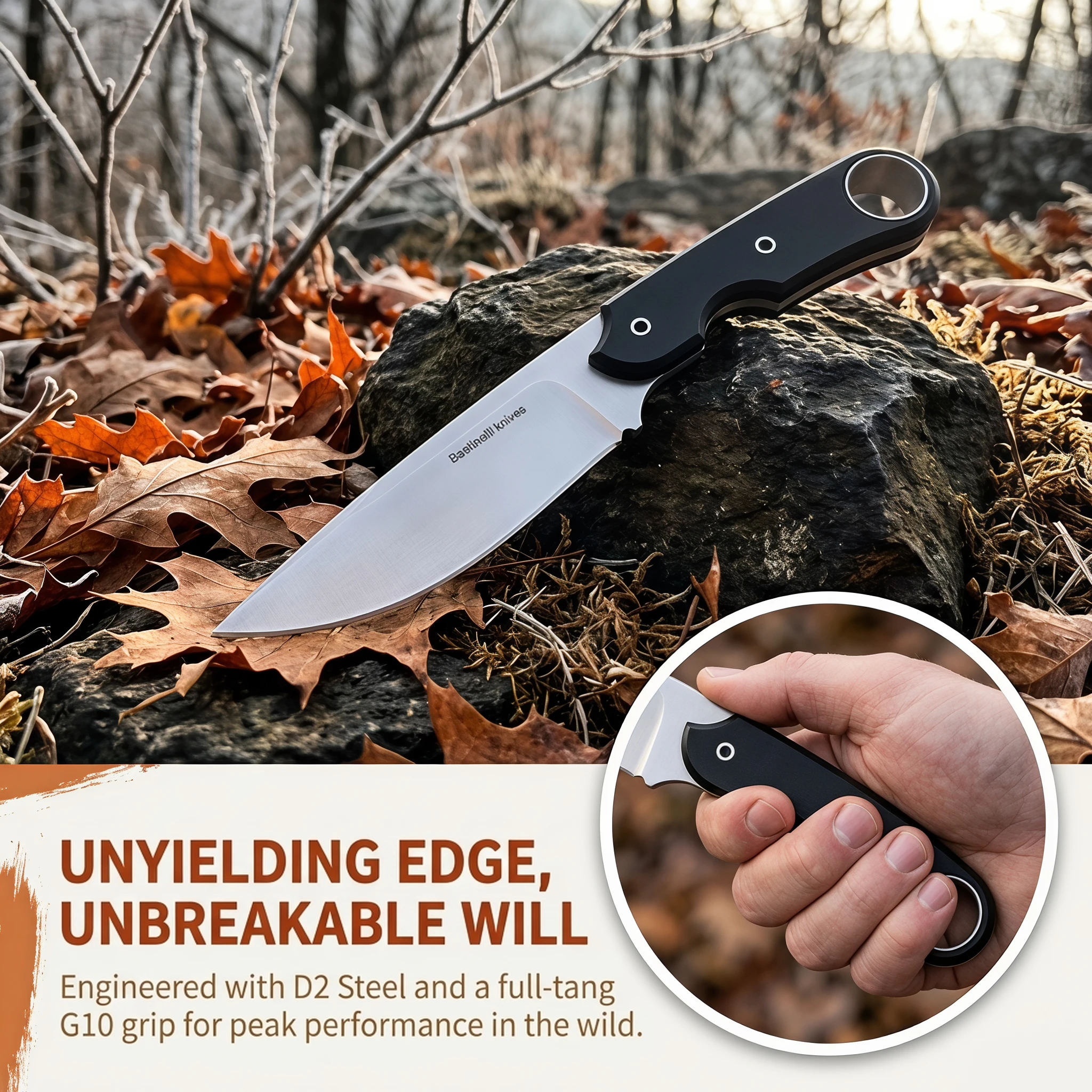 Multifunctional Outdoor EDC Fixed Blade Hunting Knife Basic 1, Sharp D2 Steel Blade, G10 Handle for Camping Hiking and Fishing