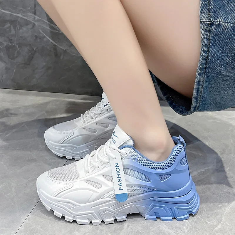 Spring/Autumn Women's Chunky Sneakers, Ombre Pink Lace-Up Vulcanized Shoes, Platform Increased Height Shoes For Women, Winter