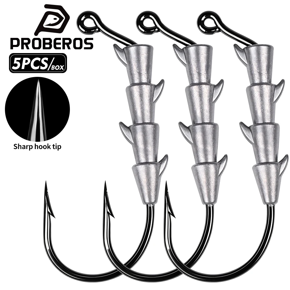 PROBEROS 5 pièces/boîte Hameçons de jigging à tête plombée à 4 cônes, Hameçons à large ouverture pour leurres souples à coulée rapide, Hameçons pour achiganes en eau salée, tranchants et barbelés