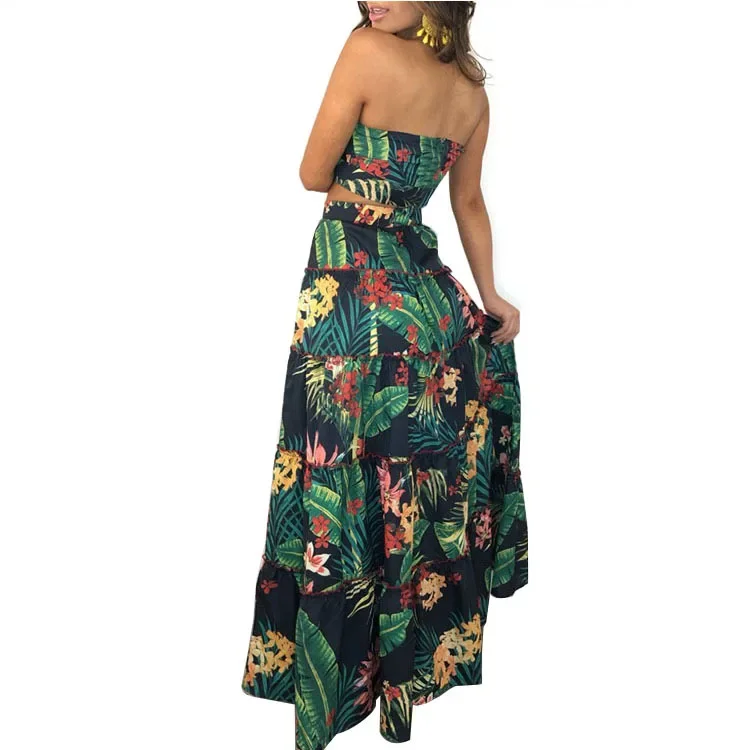 Causal Bikini Crop Top Long Dress Sexy Set for Women Summer Fashion Two Piece Skirt Beach Style Floral Print Midi Sexy Boho Sets