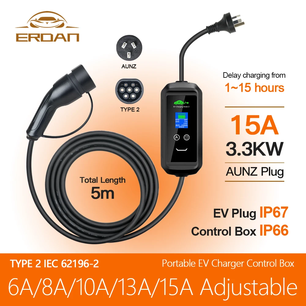 

ERDAN 3.3kw J1772 Type 1 IEC62196-2 Type 2 Timing Protable EV Charger 8A 10A 13A 15A Adjustable 110V~250V With AU/NZ Power Plug