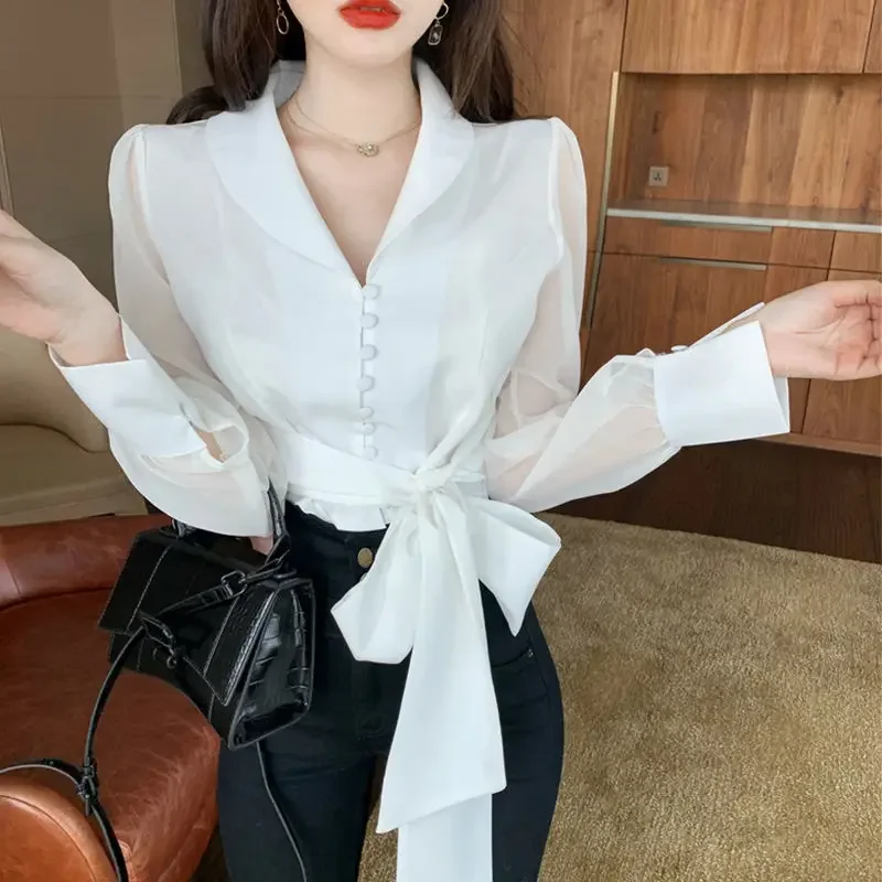 Womens Crop Tops 2024 Blusas Mujer De Moda V-neck Bandage Bow Slim Waist Chiffon Blouses Korean Elegant White Shirt