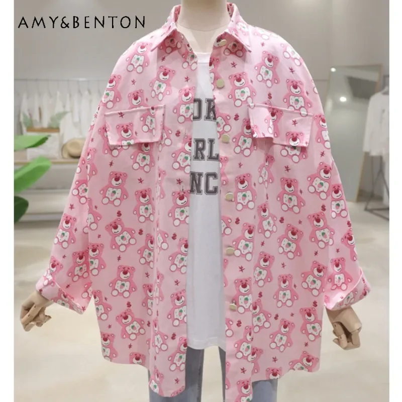 

Lining Skin Tone Age Reduction Cartoon Blouse New 2024 Autumn Clothes Loose Thin Medium and Long Cotton Denim Shirt Jacket Women