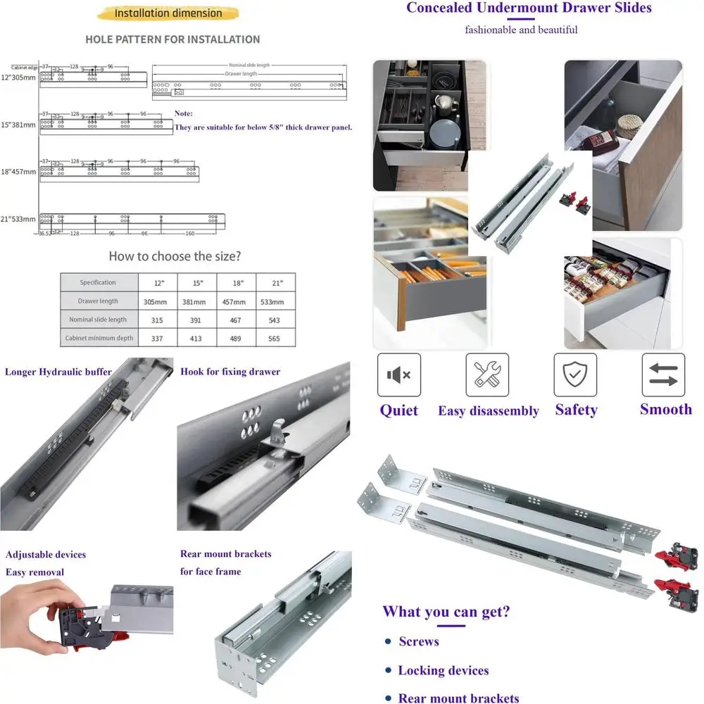 

18 скрытых направляющих для мебельных ящиков с плавным закрыванием, 6 пар направляющих полного выдвижения, механизм блокировки и задние крепежные кронштейны