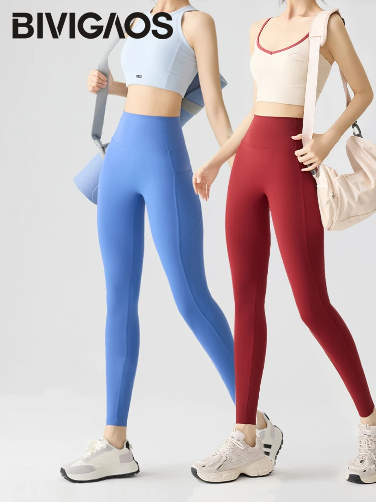 BIVIGAOS Spring Summer Pocket Sharkskin Leggings Women High Waist Tight Butt Lifter Nude Feeling Sport Fitness Running Leggings