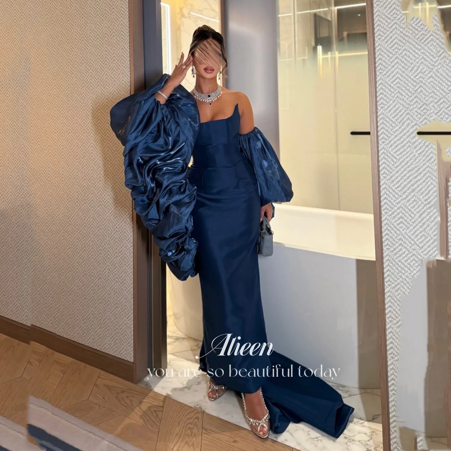 

Aileen Satin Elegant Party Dresses 2025 Платье Вечернее Customized Wedding Dresses for Parties Puff Sleeves Robes of Soirée Blue