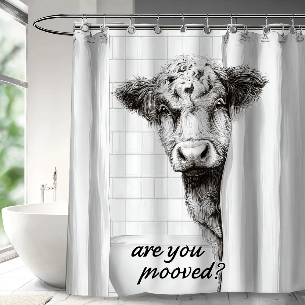 Funny Cow Shower Curtain Western Highland Cow Farmhouse Farm Animal Bull Cattle Cute Fun Rustic Bathroom Curtain Decor