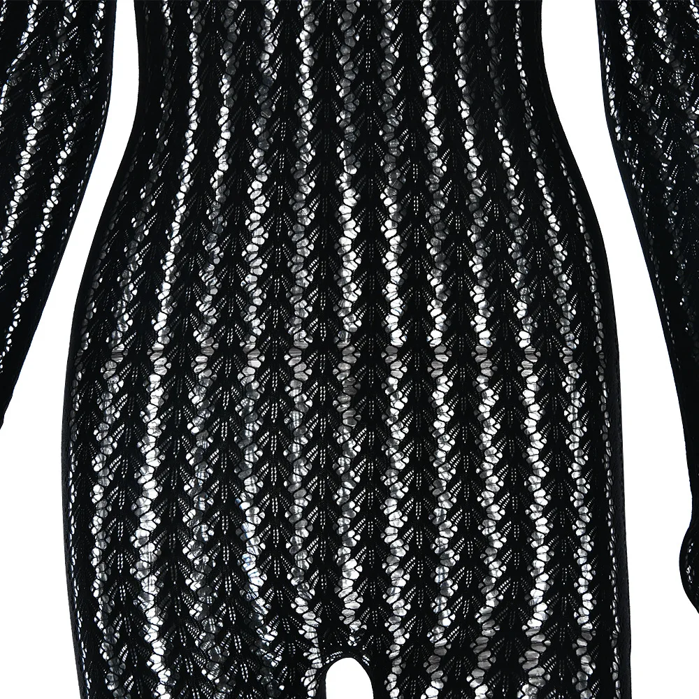 ストライプジャカードニットスキニージャンプスーツ女性のセクシーなシースルー O ネック手袋長袖スリムナイトクラブパーティーオーバーオールロンパース